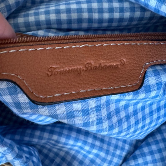 Tommy Bahama Wicker Straw Rattan Purse Natural Color Gingham Blue & White NWOT - Picture 5 of 6